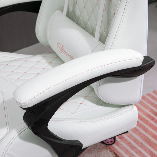 High Back PU Leather Gaming Chair, Racing Computer Chair with Swivel Wheels, Retractable Footrest, Headrest, Lumbar Support, and Armrest, White and Pink