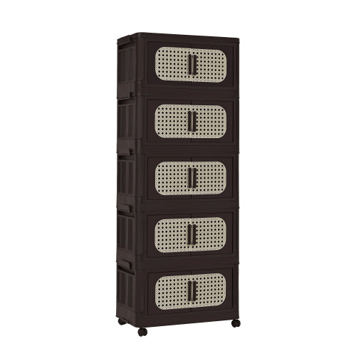 Retro Brown 20 Inch Five-Tier Folding Plastic Storage Cabinet Magnetic Door With Universal Moving Wheels