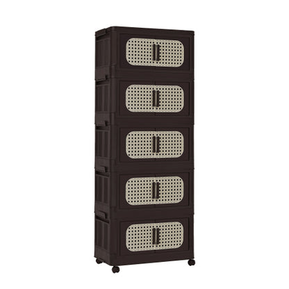 Retro Brown 20 Inch Five-Tier Folding Plastic Storage Cabinet Magnetic Door With Universal Moving Wheels