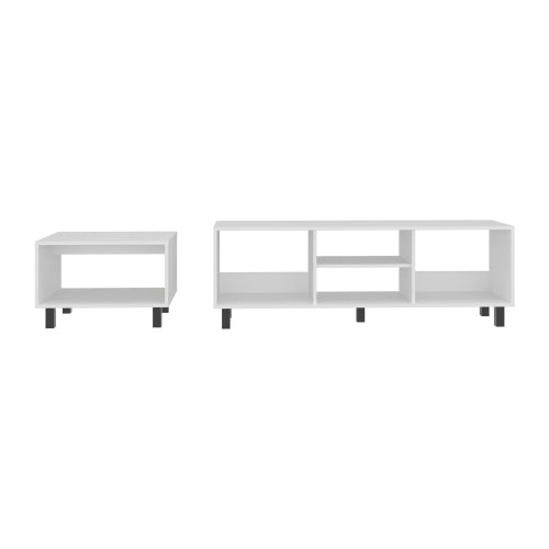 White Matching TV Stand & Coffee Table Set with Open Storage Shelves