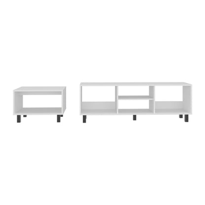 White Matching TV Stand & Coffee Table Set with Open Storage Shelves