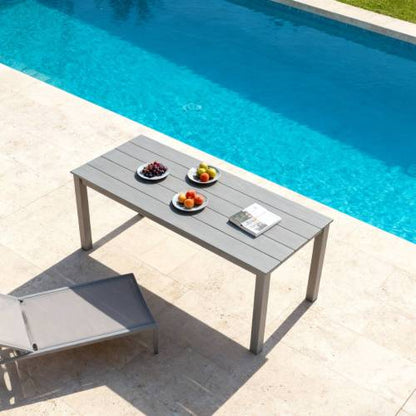A wooden-textured imitation wood dining table, simple yet with a high quality feel. It has a small tabletop and is perfect for outdoor picnics. Charcoal gray, 68.9 inches.