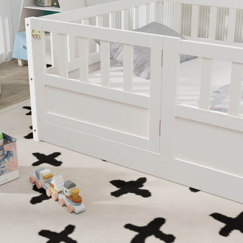 Twin Size Floor bed, integral construction with super high security barrier, door, children's floor bed frame, Montessori wooden children's floor bed, Support slat white