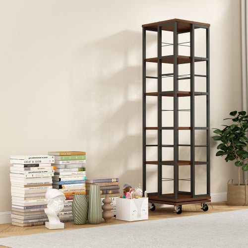 5-Tier Rotating Corner Bookcase 360¡ã Wood Display Shelf Rustic Brown