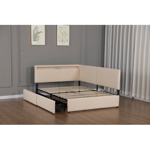 Twin Size Boucle Bed Frame, Upholstered Cloud Bed Frame with Headboard, with 2 Storage Drawers, LED light and USB Charging Design, Solid Wood Legs and Slats, No Box Spring Needed, Beige