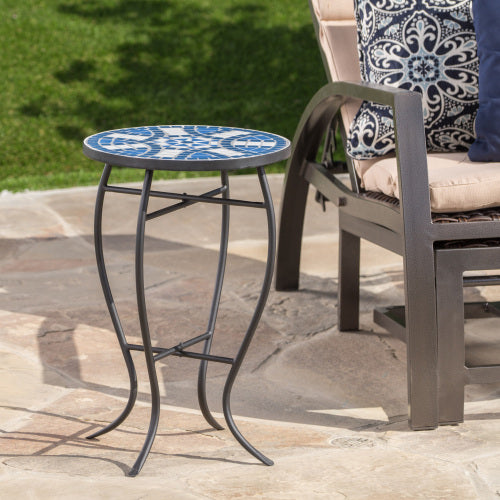 Outdoor Round Side Table with Mosaic-Style Top and Curved Iron Legs, End Table-Blue ,Wihte and Matte Black