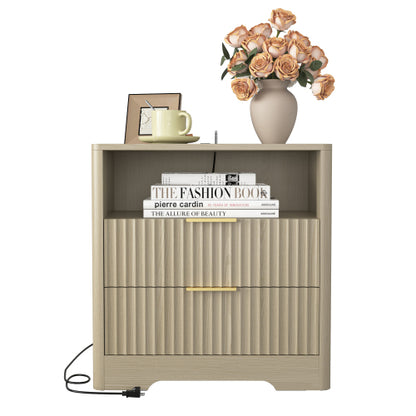 Wood Smart Nightstand, 7-Color Voice Control Night Light & Built-In Charging Station