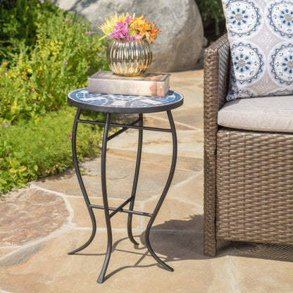 Outdoor Round Side Table with Mosaic-Style Top and Curved Iron Legs, End Table-Blue ,Wihte and Matte Black