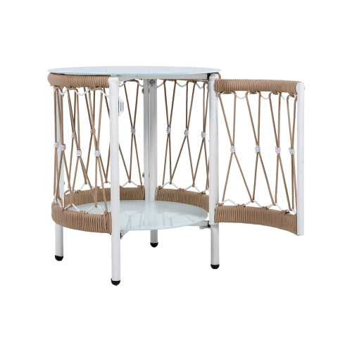 17.32" Bohemian Garden Accent Outdoor Side Table - Handwoven Rope with Powder-Coated Steel Frame, Glass Top, Small Patio End Table for Drinks, Plants