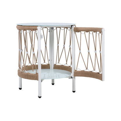 17.32" Bohemian Garden Accent Outdoor Side Table - Handwoven Rope with Powder-Coated Steel Frame, Glass Top, Small Patio End Table for Drinks, Plants