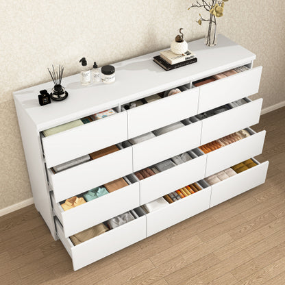 12 Drawers Double Dresser, Modern Wood Dresser Chest of Drawers with Large Storage Space for Bedroom, White