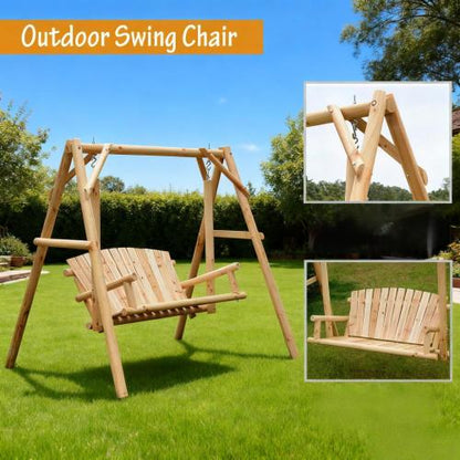 Wooden Swing 2-Seat Wooden Swing Bench, Ergonomic Design, 'A' Frame Construction, Stable and Non-Slip, Solid Wood Frame Log Garden Swing