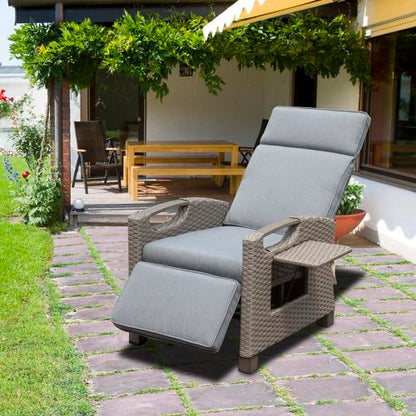 Outdoor Recliner Chair, Patio Recliner with Hand-Woven Wicker, Flip Table Push Back, Adjustable Angle, Thickness Cushions, Reclining Lounge Chair for Indoor and Outdoor, Gray