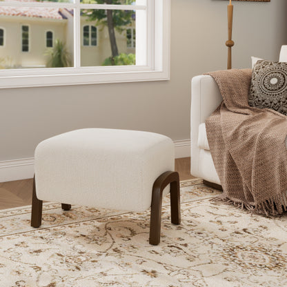 White Boucle Upholstered Ottoman with Solid Wood Legs, Contemporary Multifunctional Accent Footrest Stool