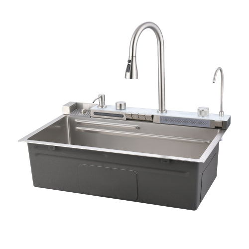 Pull-out Facuet Single Bowl Sink Kitchen Vegetable Sink 304 Whale Waterfall Sink Stainless Steel Dish Sink Vegetable Sink Household Vegetable Washing Basin, Dark Gray