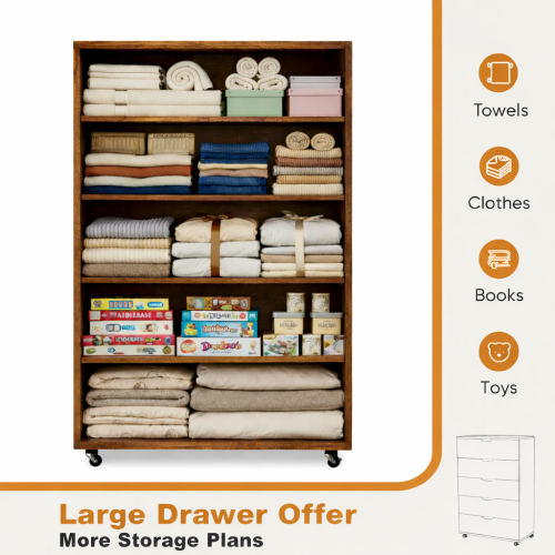 5 Drawer Dresser on Wheels Rustic Brown Rolling Chest of Drawers Mobile Storage Cabinet for Bedroom Closet, Wide Drawer Organizer, 30.71" W x 15.75" D x 44.49" H