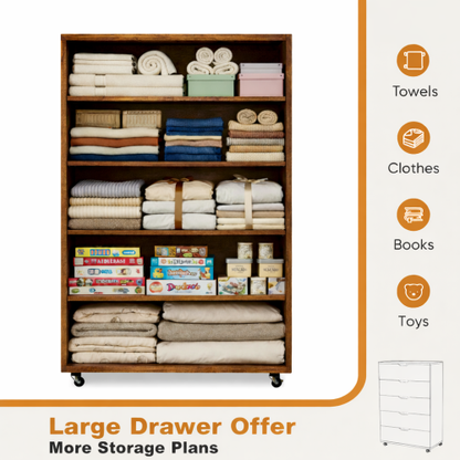 5 Drawer Dresser on Wheels Rustic Brown Rolling Chest of Drawers Mobile Storage Cabinet for Bedroom Closet, Wide Drawer Organizer, 30.71" W x 15.75" D x 44.49" H