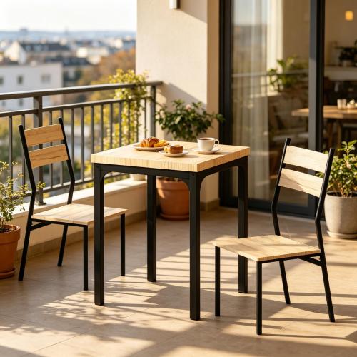 3-Piece Rustic Industrial Dining Set, Light Wood Grain MDF Table & 2 Slatted High Back Chairs