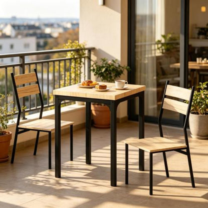 3-Piece Rustic Industrial Dining Set, Light Wood Grain MDF Table & 2 Slatted High Back Chairs