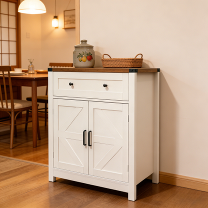 White & Wood-Grain Top Farmhouse Barn-Door Storage Cabinet, Coffee Bar Buffet Sideboard with Drawer for Kitchen & Living Room