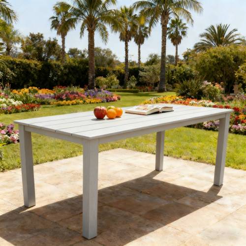 A wooden-textured imitation wood dining table, simple yet with a high quality feel. It has a small tabletop and is perfect for outdoor picnics. Light gray color, 68.9 inches long.