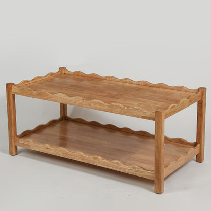 2-Tier Rectangular Coffee Table Rubberwood Storage Shelf Modern Living Room Table
