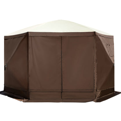 Camping Gazebo Screen Tent, 12*12ft, 6 Sided Pop-up Canopy Shelter Tent with Mesh Windows, Portable Carry Bag, Stakes, Large Shade Tents for Outdoor Camping, Lawn and Backyard, Brown/Beige