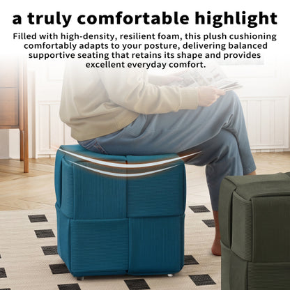 Blue Square Corduroy Ottoman Foot Stool, 300 LBS Sturdy No-Assembly Vanity Seat for Bedroom & Dorm
