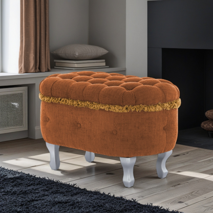Orange Fringed Button Tufted Storage Ottoman Bench, 29.5 Inch Upholstered End of Bed Bench for Entryway Bedroom