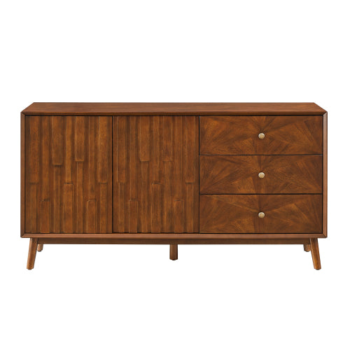 56 Inch Walnut Brown Mid Century TV Stand Sideboard with 3 Drawers & Double Door Storage Cabinet
