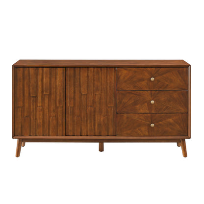 56 Inch Walnut Brown Mid Century TV Stand Sideboard with 3 Drawers & Double Door Storage Cabinet