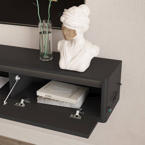 Fluted Wall Mount Floating TV Stand with LED Lights & Built-in Power Outlet for Living Room
