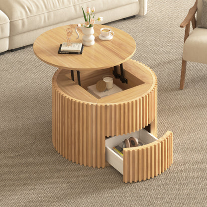 Round Lift Top Coffee Table Storage Fluted Wood MDF Solid Wood Living Room Table