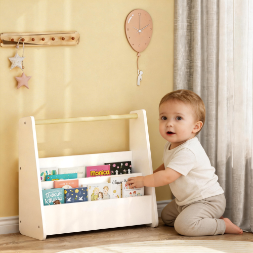 Kids Front-Facing Bookshelf with Wooden Handle 2-Tier White