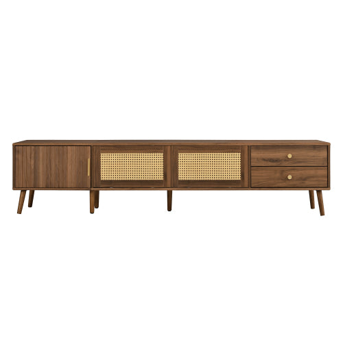 76.7 inch Natural Wood PE Rattan TV Stand Rubber Wood Leg Media Console Fits Up To 85 inch TV