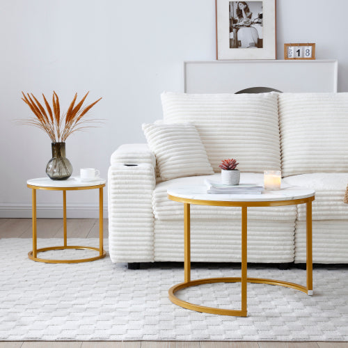 Set of 2 Nesting Round Coffee Tables, White & Gray Top with Golden Metal Frame