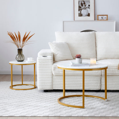 Set of 2 Nesting Round Coffee Tables, White & Gray Top with Golden Metal Frame