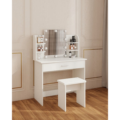 White One Drawer Dresser Vanity Table with Open Shelves, Adjustable Mirror & Matching Stool, Compact