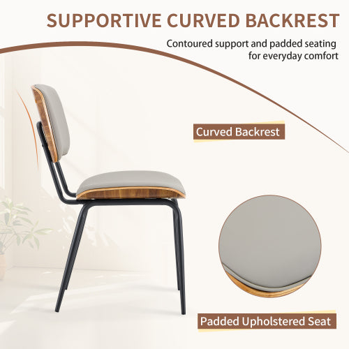 Mid-Century Faux Leather Dining Chairs Set of 2, Walnut Veneer Backrest & Metal Legs, Light Gray