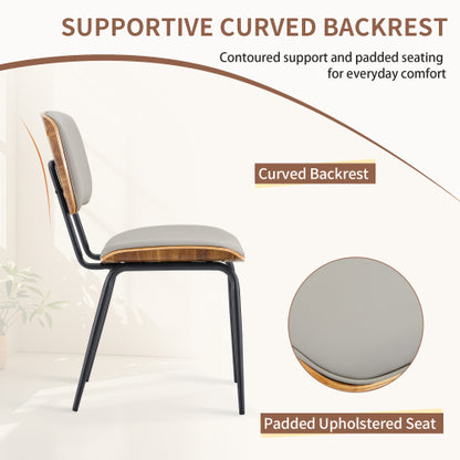 Mid-Century Faux Leather Dining Chairs Set of 2, Walnut Veneer Backrest & Metal Legs, Light Gray