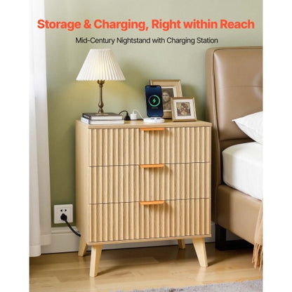 Khaki Mid-Century Fluted Nightstand with Charging Station