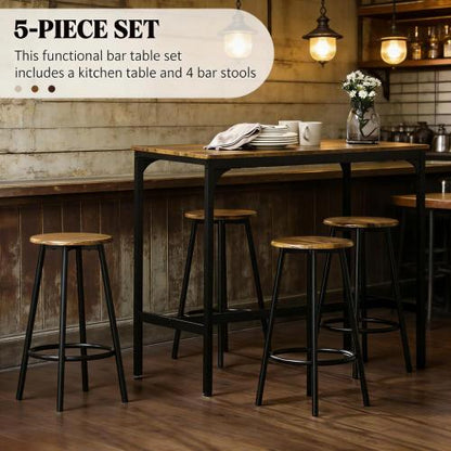 5-Piece Rustic Brown & Black Counter Set, MDF Table & 4 Metal Frame Stools with Foot Pads
