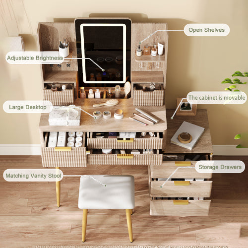 7-Drawer White Vanity Desk with LED Mirror & Carved Details, Fluted Makeup Table, Metal Legs, PU Stool & Jewelry Storage