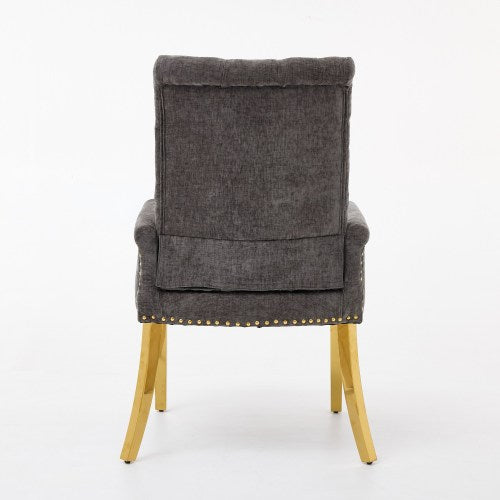 Tufted Chenille Dining Armchair with Nailhead Trim and Steel Legs, Gray