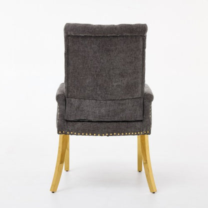 Tufted Chenille Dining Armchair with Nailhead Trim and Steel Legs, Gray