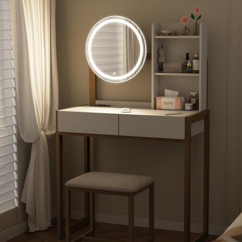 White & Gold Small Vanity Desk with LED Mirror, 3 Lighting Modes, Power Outlet, Drawer, Open Shelves & Cushioned Stool