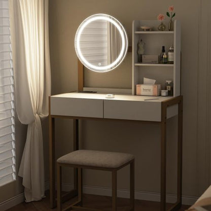 White & Gold Small Vanity Desk with LED Mirror, 3 Lighting Modes, Power Outlet, Drawer, Open Shelves & Cushioned Stool