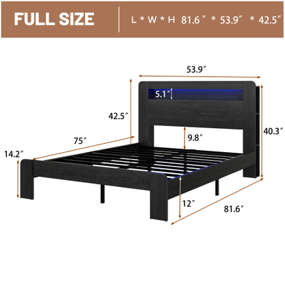 Bed Frame Full Size, Wood Platform Bed Frame with Storage LED Light Headboard and 2 USB , Noise Free,No Box Spring Needed and Easy Assembly Tool,Large Under Bed Storage,Dark Black