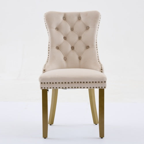 Mid-Century Modern Velvet Dining Chairs Set of 2 with Lion Head Pull Ring, Tufted Upholstered Chair, Beige