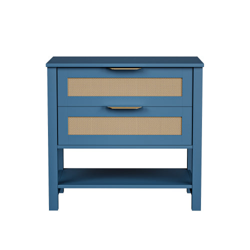 Rattan Nightstand with 2 Drawers and Storage Shelf Boho Bedside Narrow Side Table for Bedroom